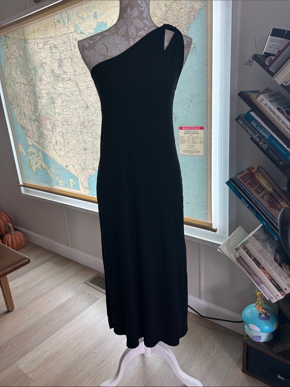 One-Shoulder Black Midi Dress with Side Cutout